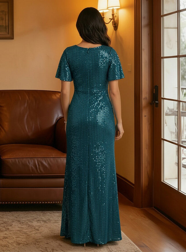 Scoop Neck Sequin Short Sleeves Mother of the Bride Dresses with Slit