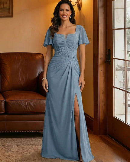 Chiffon Square Neck Pleated Mother of the Bride Dresses with Slit