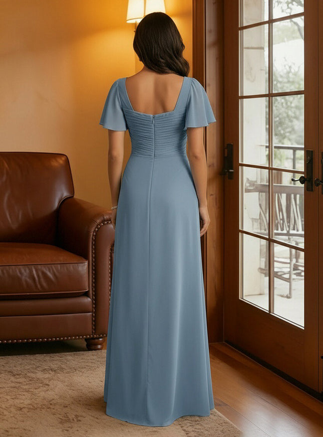 Chiffon Square Neck Pleated Mother of the Bride Dresses with Slit