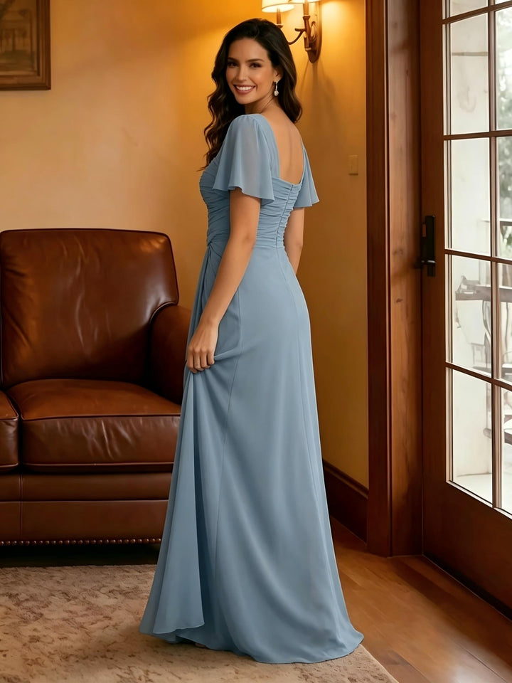 Chiffon Square Neck Pleated Mother of the Bride Dresses with Slit