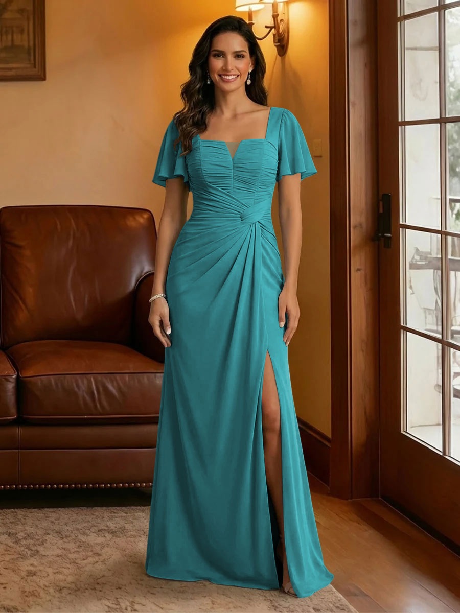 Chiffon Square Neck Pleated Mother of the Bride Dresses with Slit
