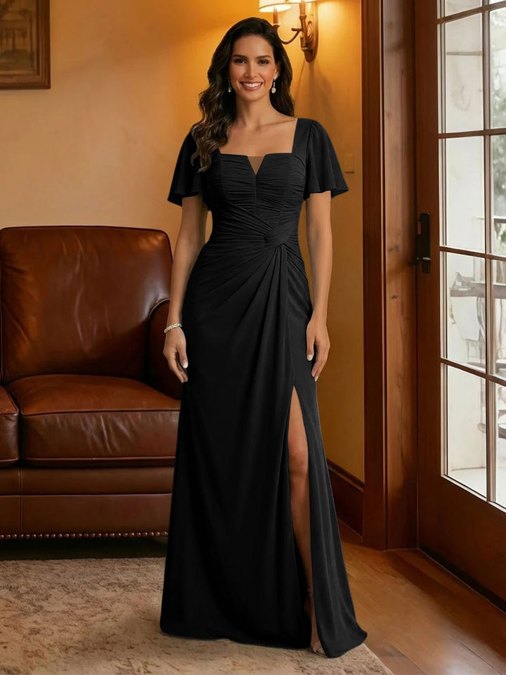 Chiffon Square Neck Pleated Mother of the Bride Dresses with Slit