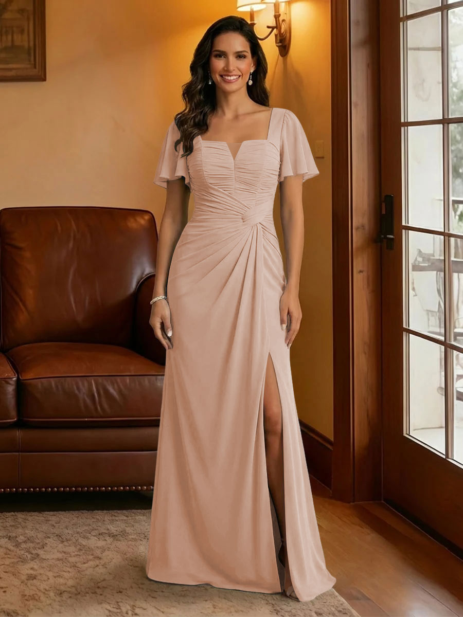 Chiffon Square Neck Pleated Mother of the Bride Dresses with Slit