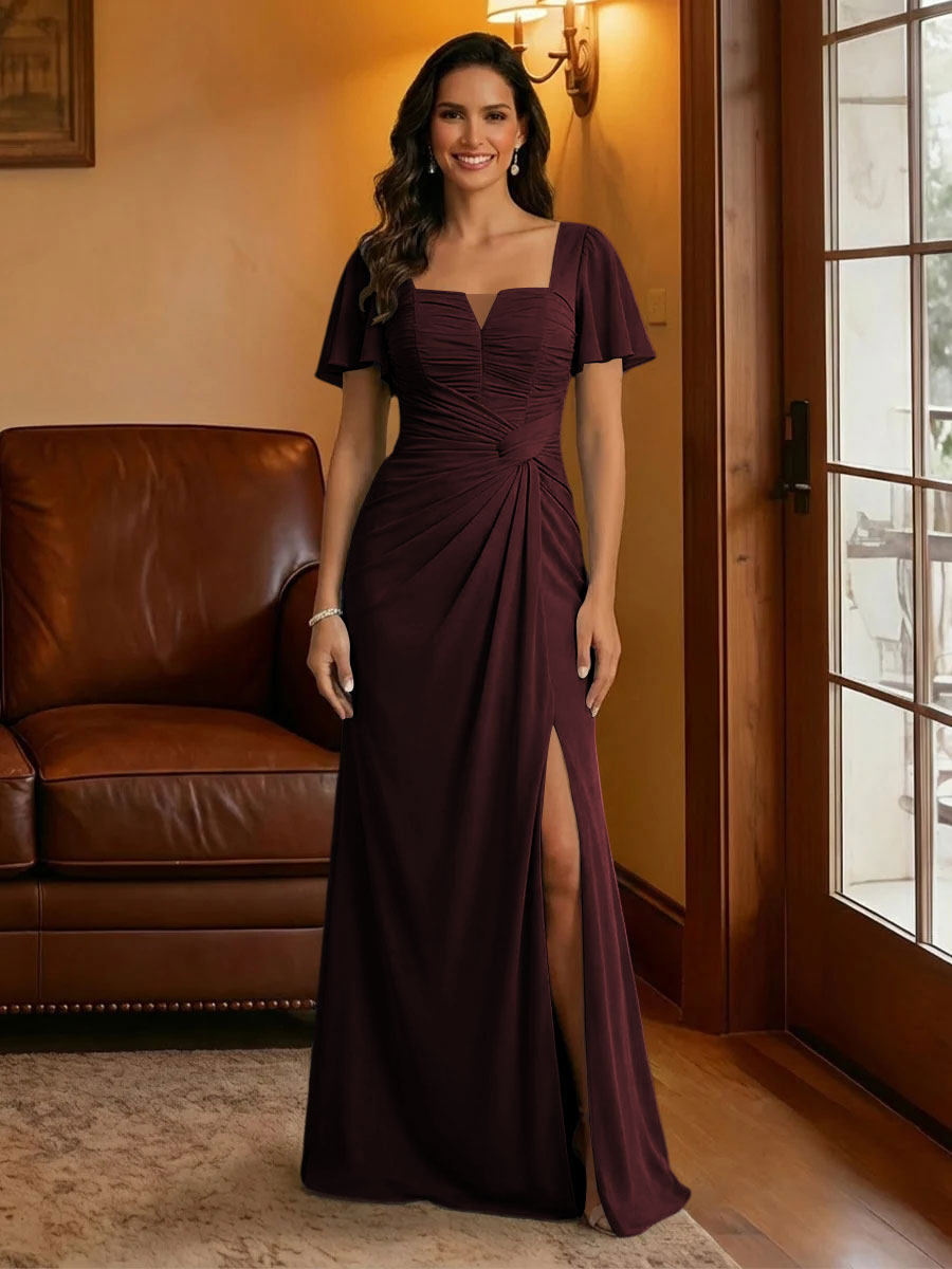 Chiffon Square Neck Pleated Mother of the Bride Dresses with Slit