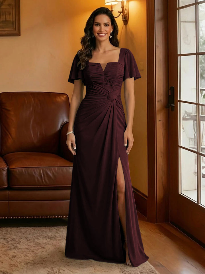 Chiffon Square Neck Pleated Mother of the Bride Dresses with Slit