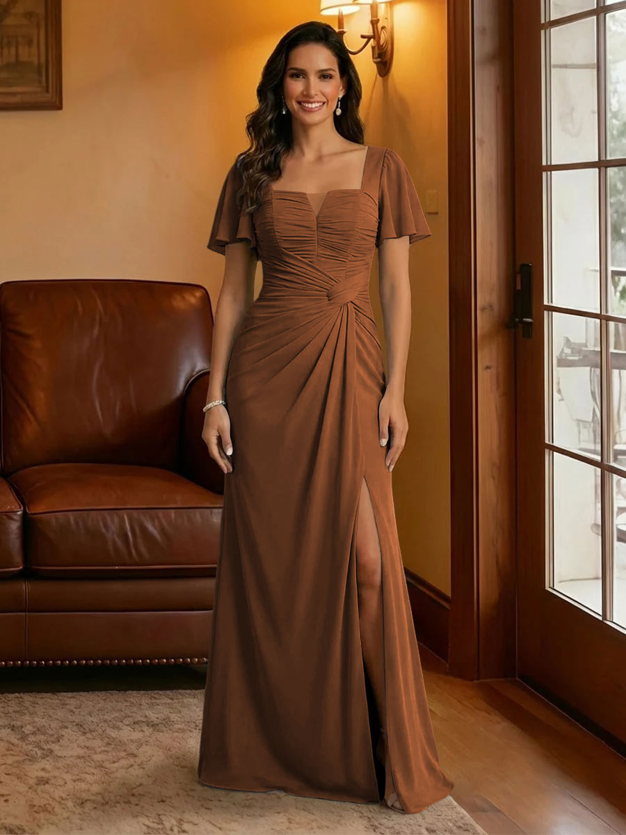 Chiffon Square Neck Pleated Mother of the Bride Dresses with Slit