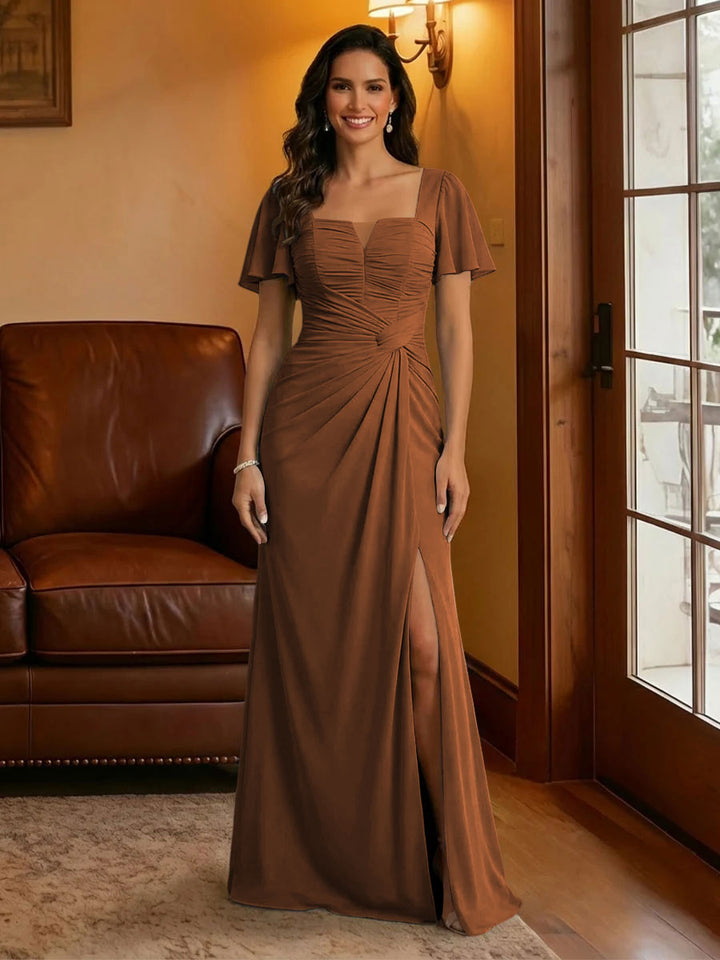 Chiffon Square Neck Pleated Mother of the Bride Dresses with Slit