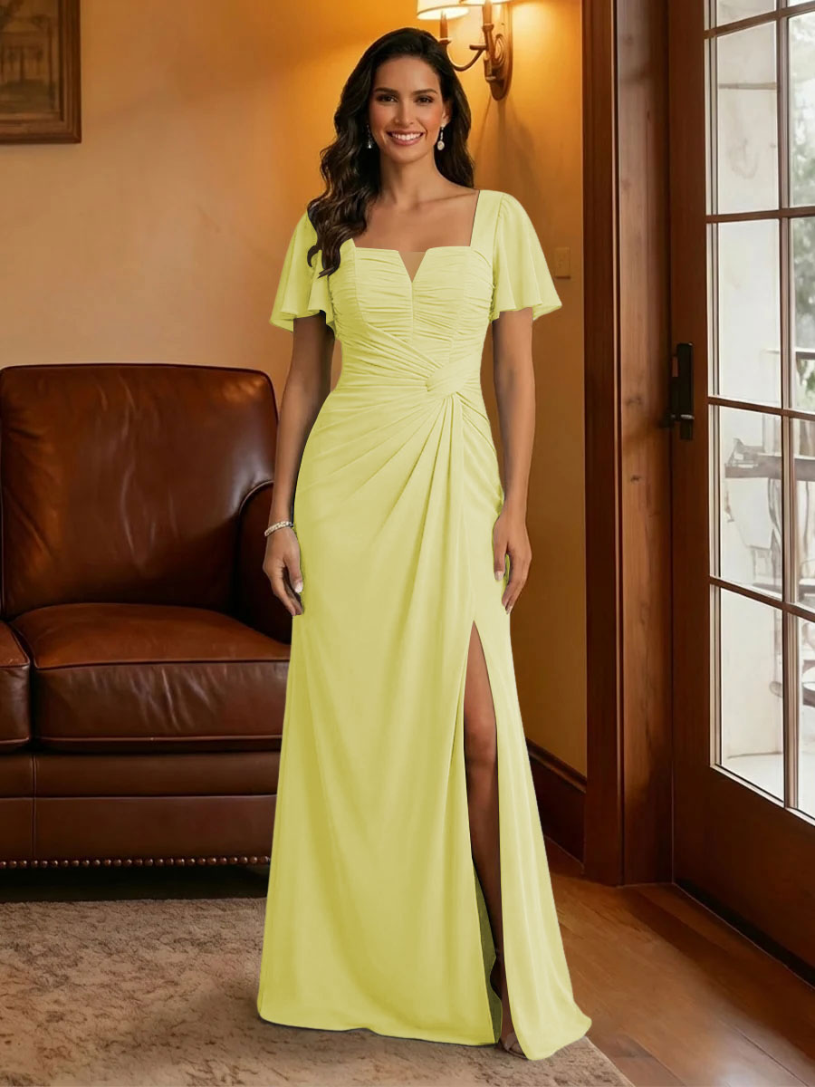 Chiffon Square Neck Pleated Mother of the Bride Dresses with Slit