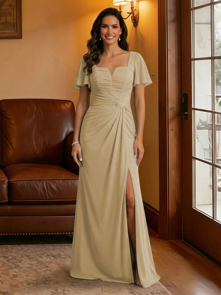 Chiffon Square Neck Pleated Mother of the Bride Dresses with Slit