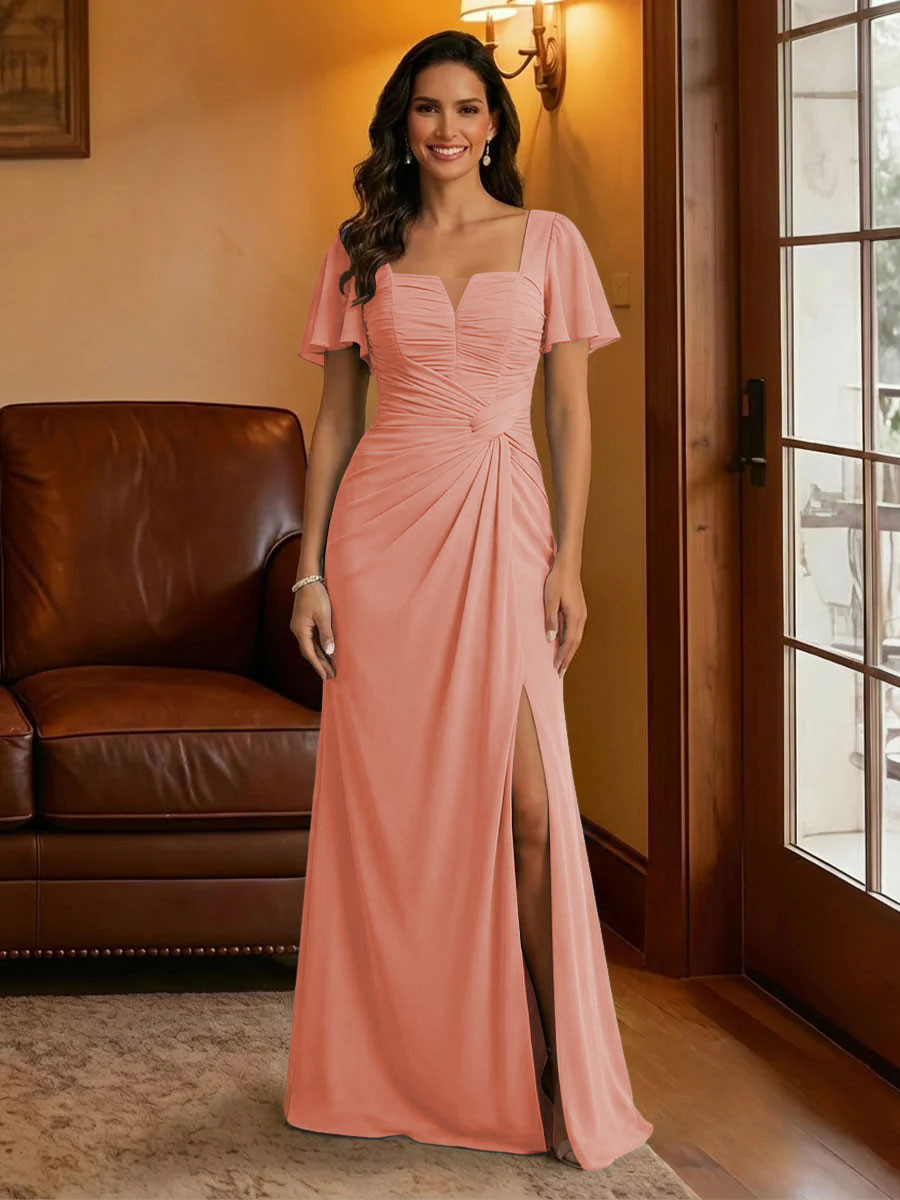 Chiffon Square Neck Pleated Mother of the Bride Dresses with Slit