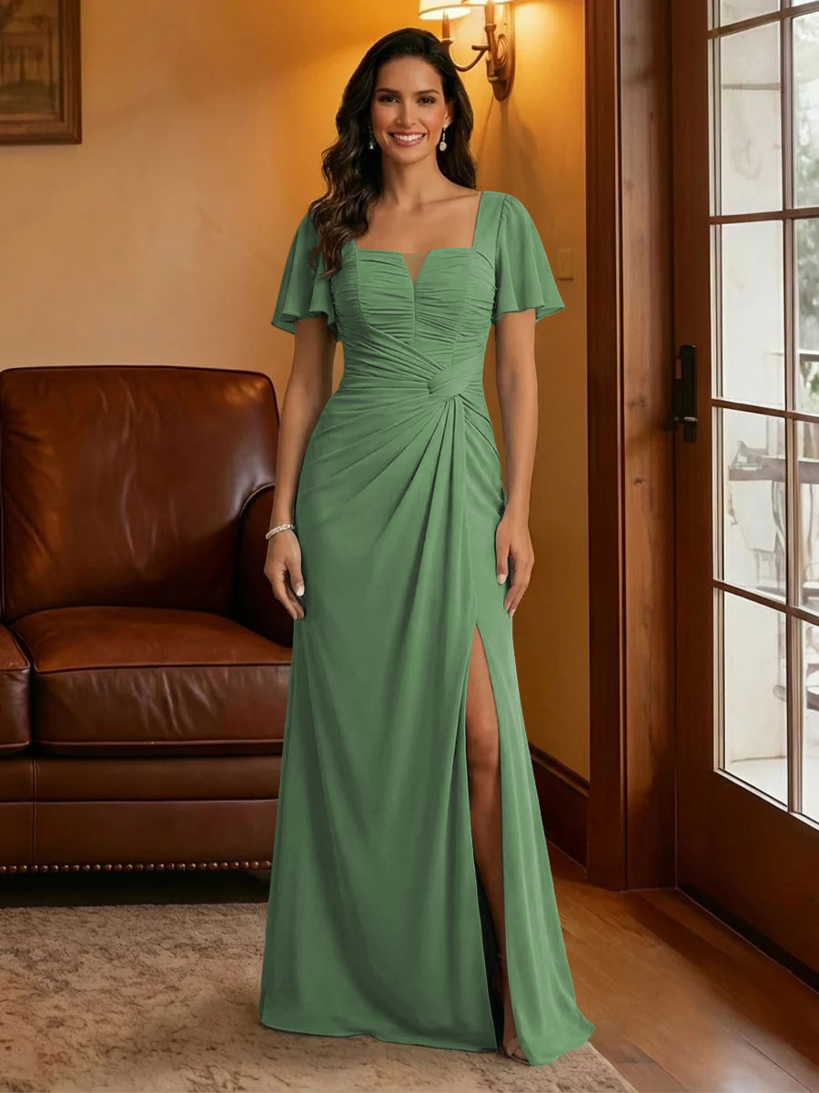 Chiffon Square Neck Pleated Mother of the Bride Dresses with Slit
