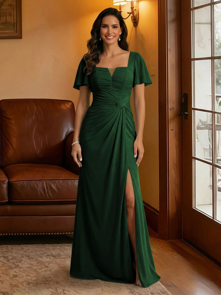 Chiffon Square Neck Pleated Mother of the Bride Dresses with Slit