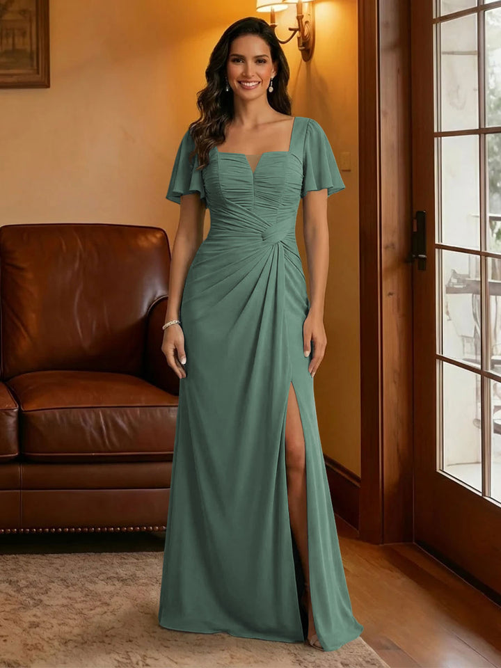 Chiffon Square Neck Pleated Mother of the Bride Dresses with Slit