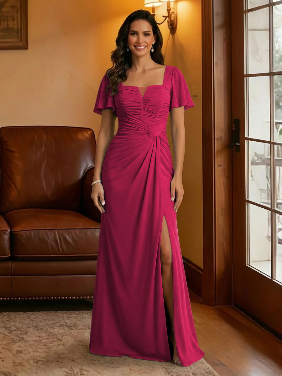 Chiffon Square Neck Pleated Mother of the Bride Dresses with Slit