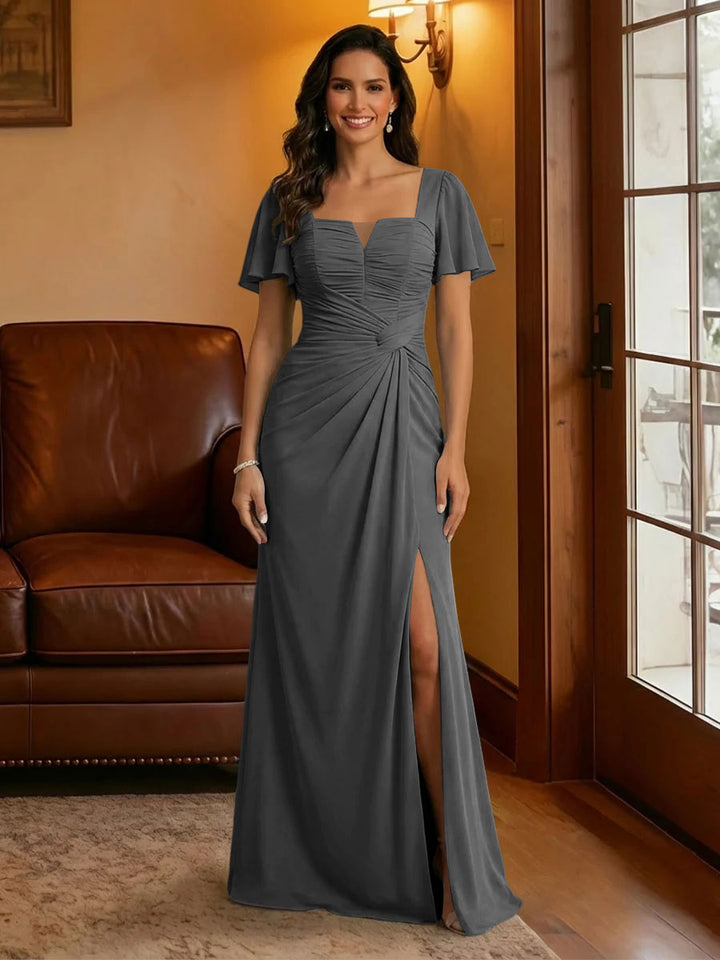 Chiffon Square Neck Pleated Mother of the Bride Dresses with Slit