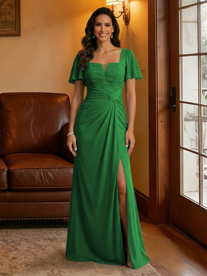 Chiffon Square Neck Pleated Mother of the Bride Dresses with Slit