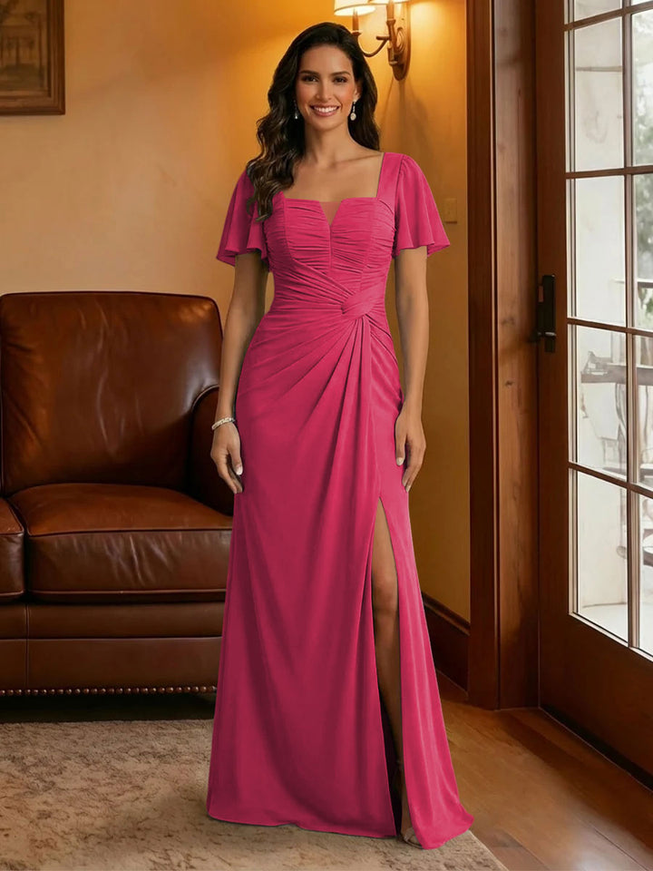 Chiffon Square Neck Pleated Mother of the Bride Dresses with Slit