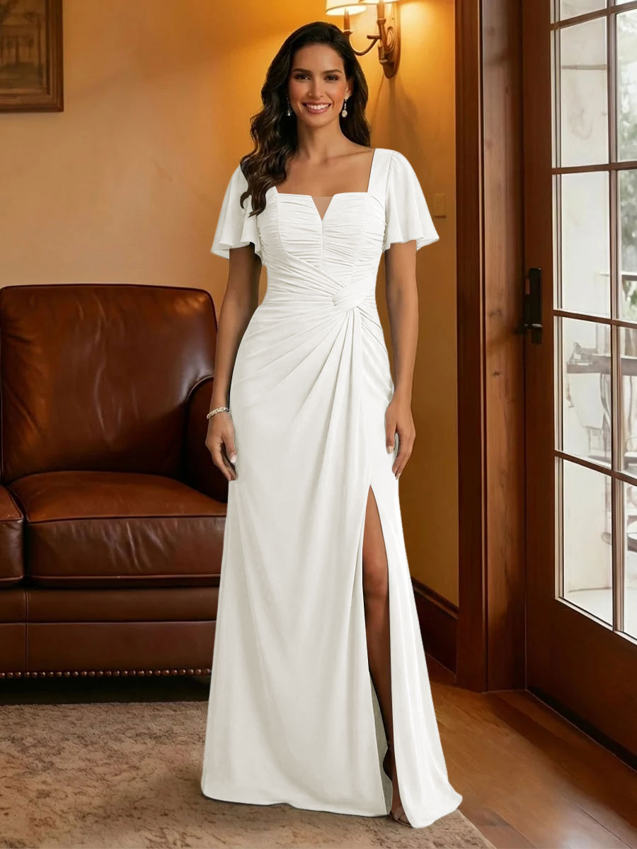 Chiffon Square Neck Pleated Mother of the Bride Dresses with Slit