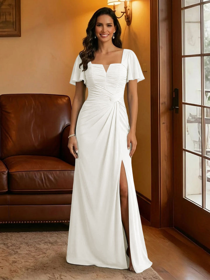 Chiffon Square Neck Pleated Mother of the Bride Dresses with Slit