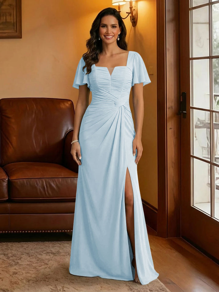 Chiffon Square Neck Pleated Mother of the Bride Dresses with Slit