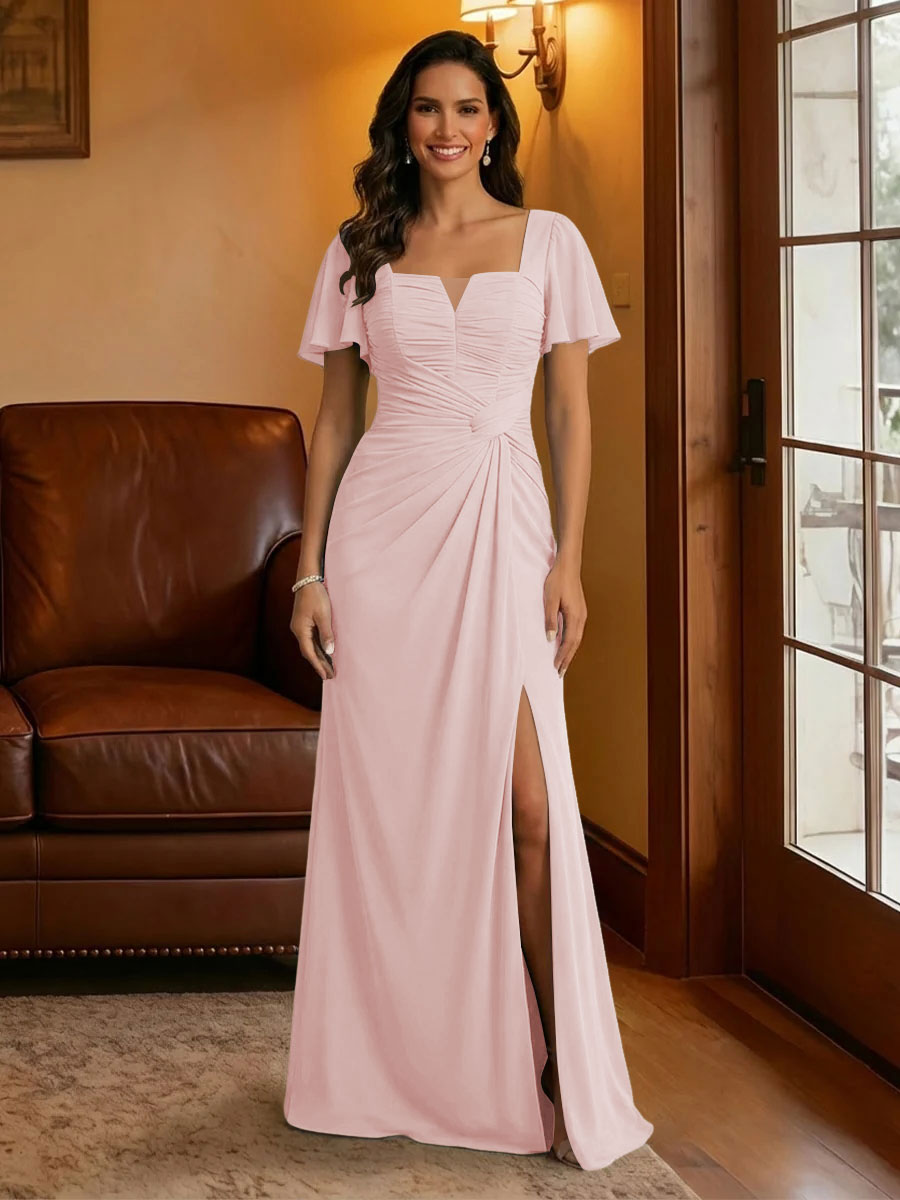 Chiffon Square Neck Pleated Mother of the Bride Dresses with Slit