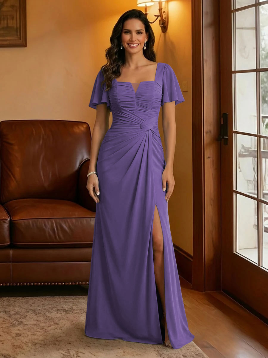 Chiffon Square Neck Pleated Mother of the Bride Dresses with Slit