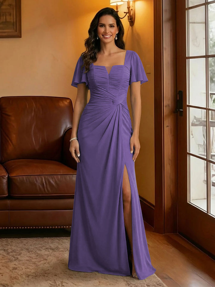 Chiffon Square Neck Pleated Mother of the Bride Dresses with Slit