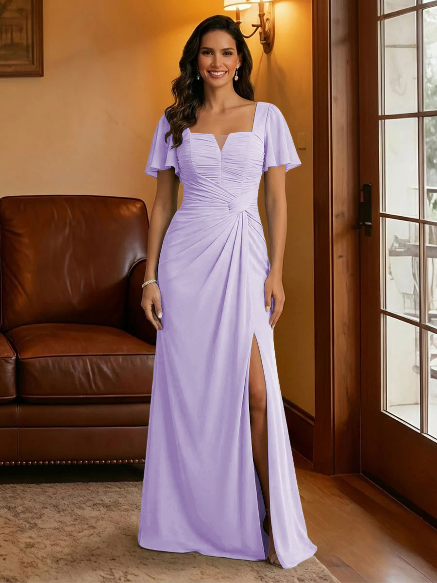 Chiffon Square Neck Pleated Mother of the Bride Dresses with Slit