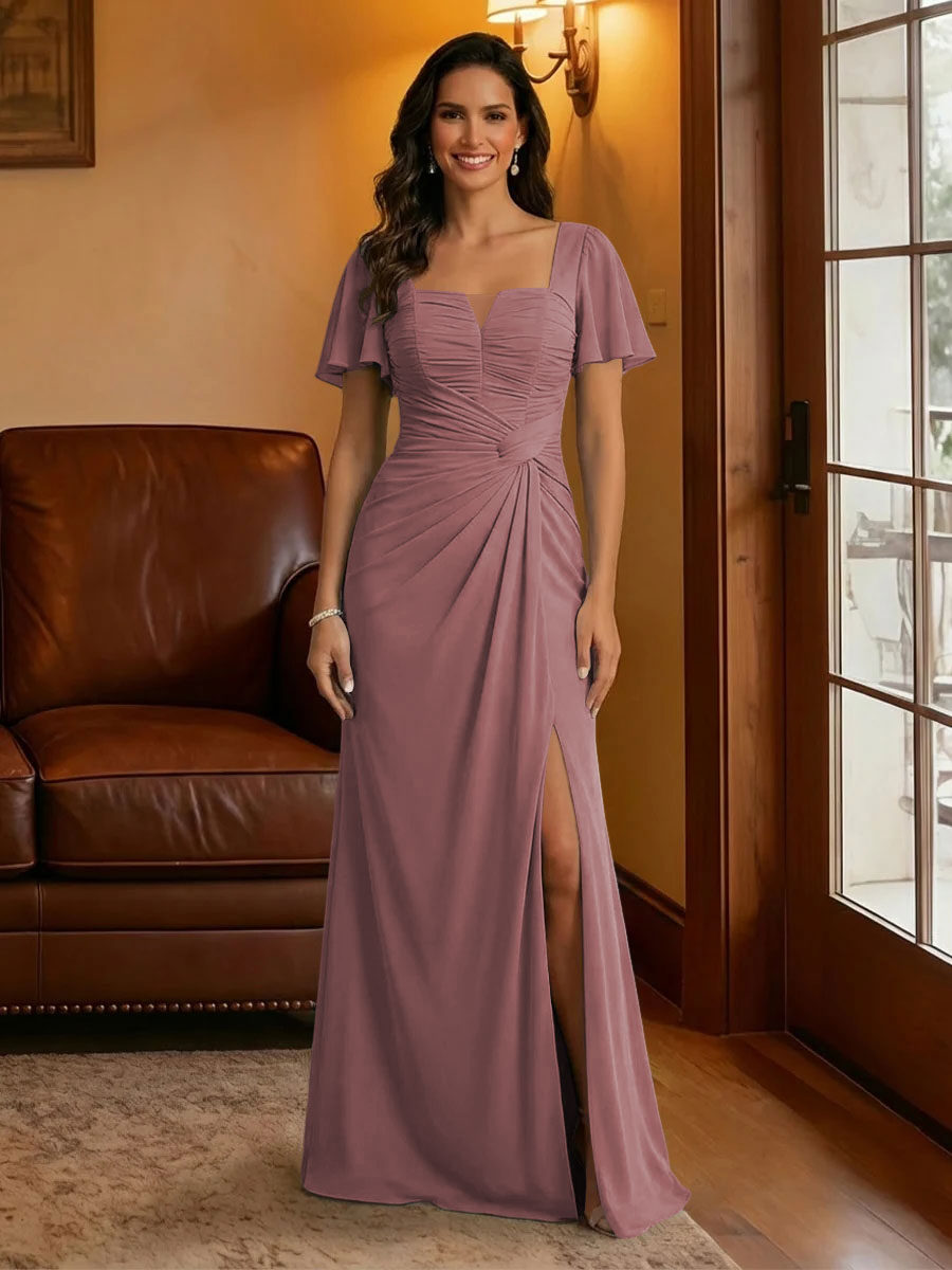 Chiffon Square Neck Pleated Mother of the Bride Dresses with Slit