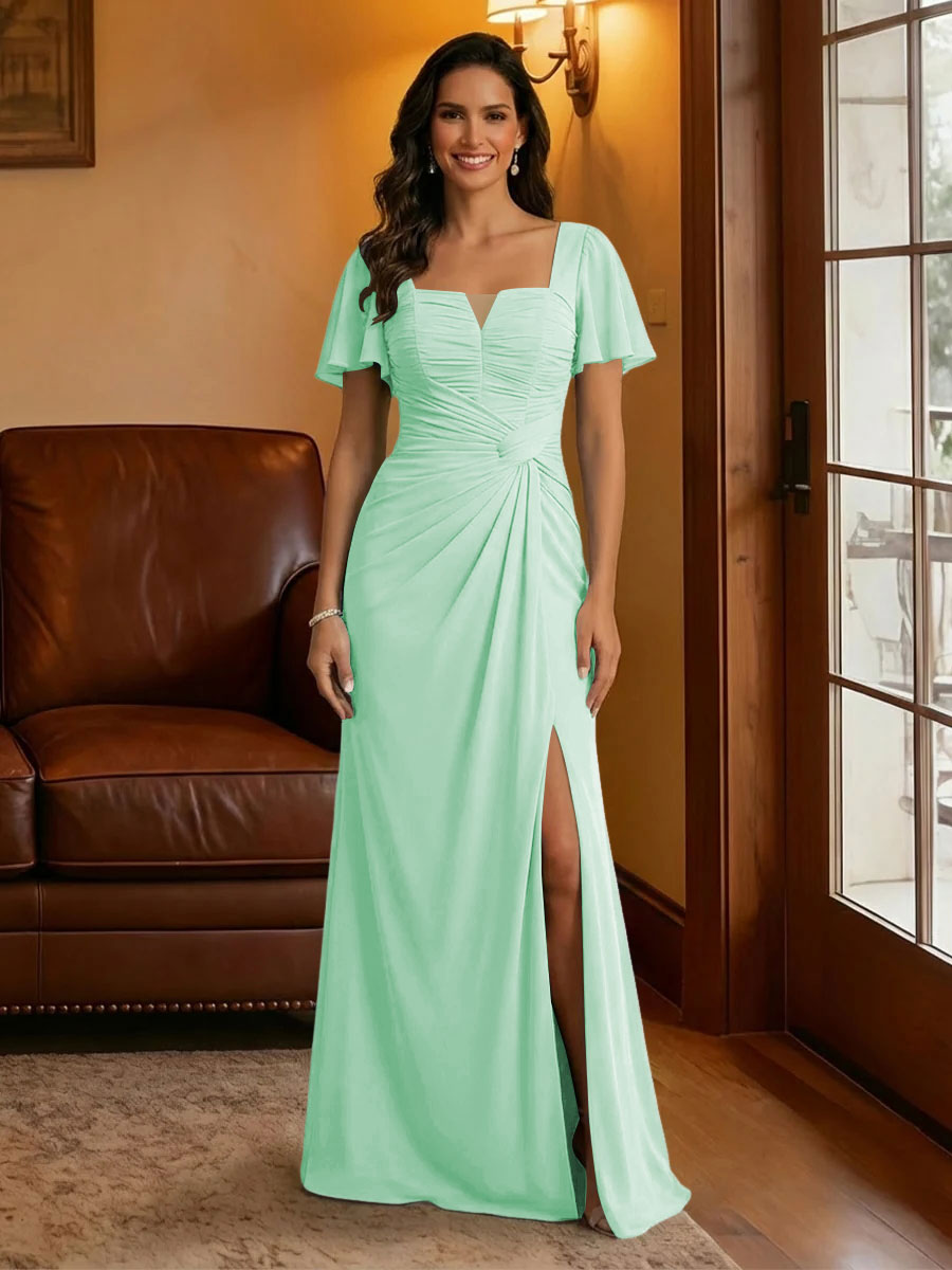 Chiffon Square Neck Pleated Mother of the Bride Dresses with Slit