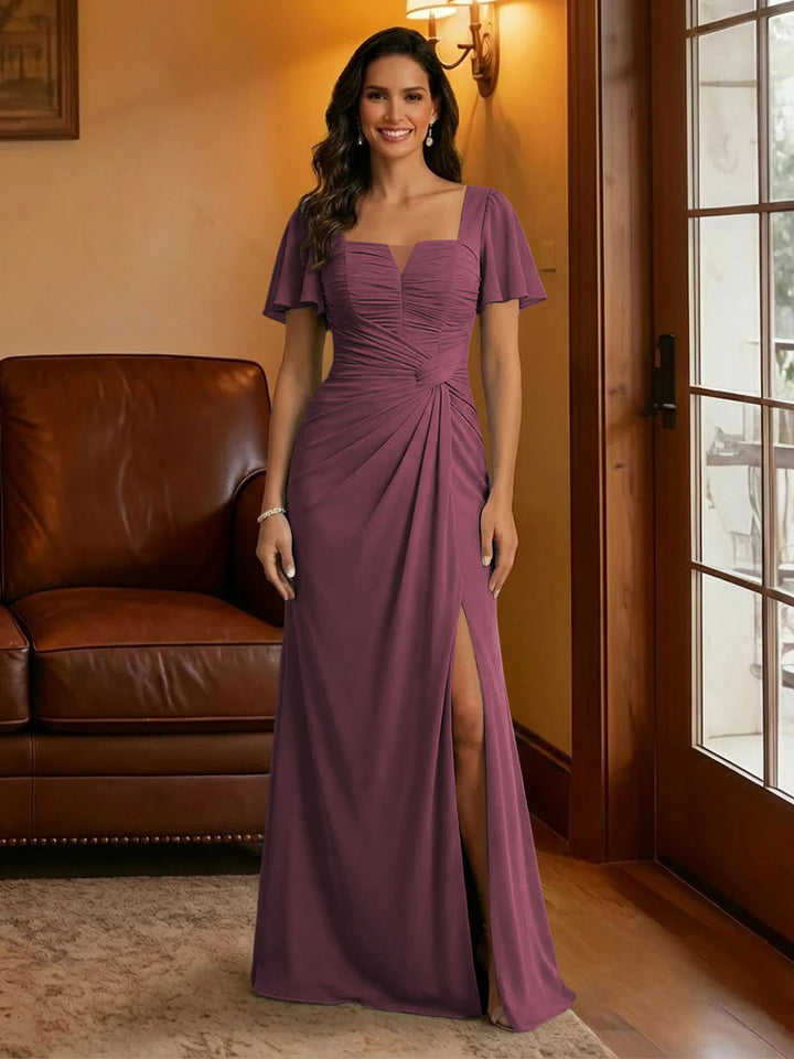 Chiffon Square Neck Pleated Mother of the Bride Dresses with Slit
