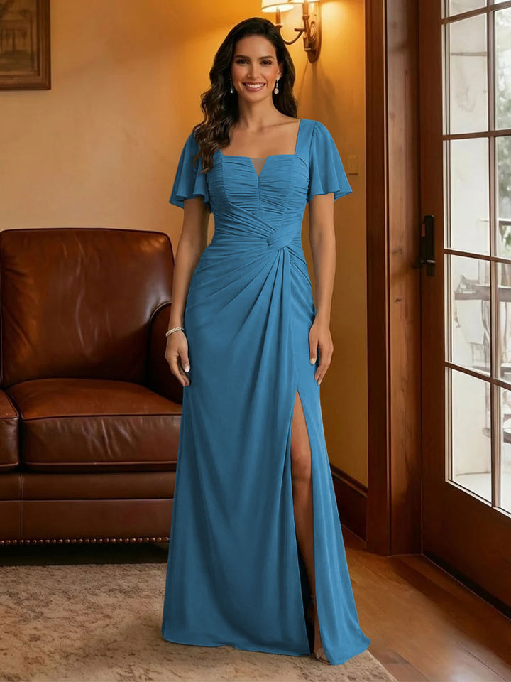 Chiffon Square Neck Pleated Mother of the Bride Dresses with Slit