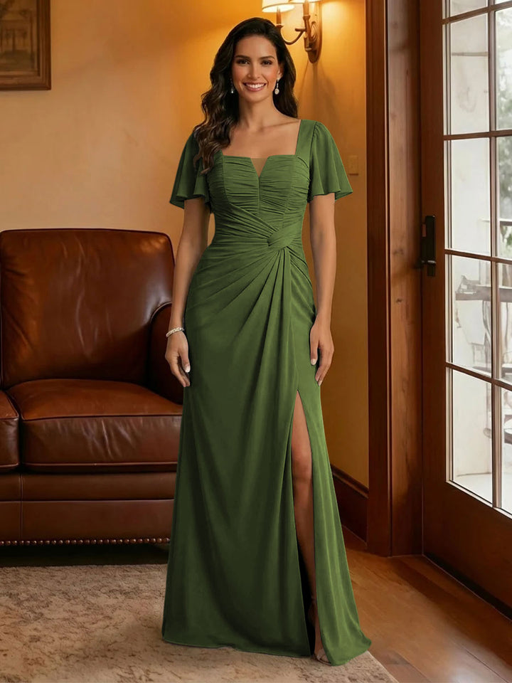 Chiffon Square Neck Pleated Mother of the Bride Dresses with Slit