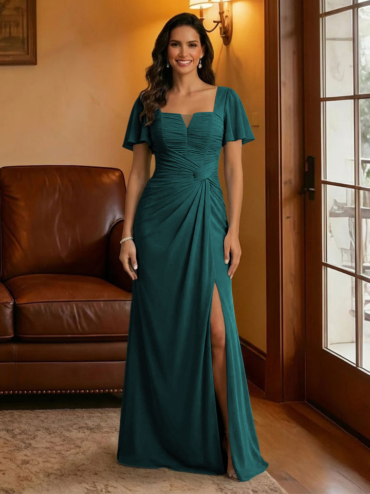 Chiffon Square Neck Pleated Mother of the Bride Dresses with Slit
