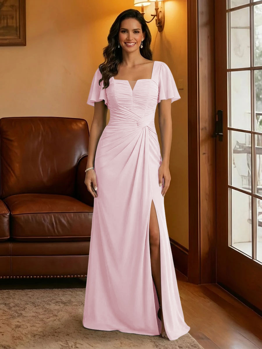 Chiffon Square Neck Pleated Mother of the Bride Dresses with Slit