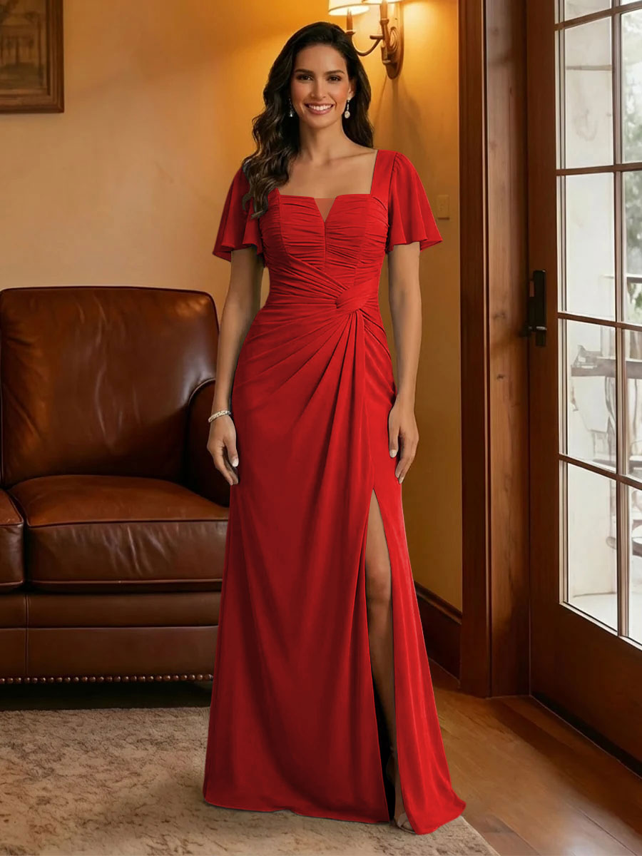 Chiffon Square Neck Pleated Mother of the Bride Dresses with Slit