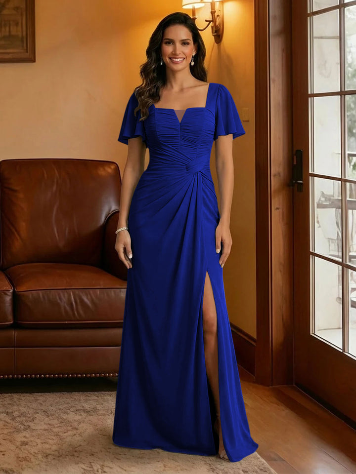 Chiffon Square Neck Pleated Mother of the Bride Dresses with Slit