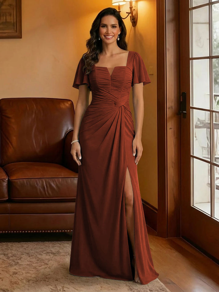 Chiffon Square Neck Pleated Mother of the Bride Dresses with Slit