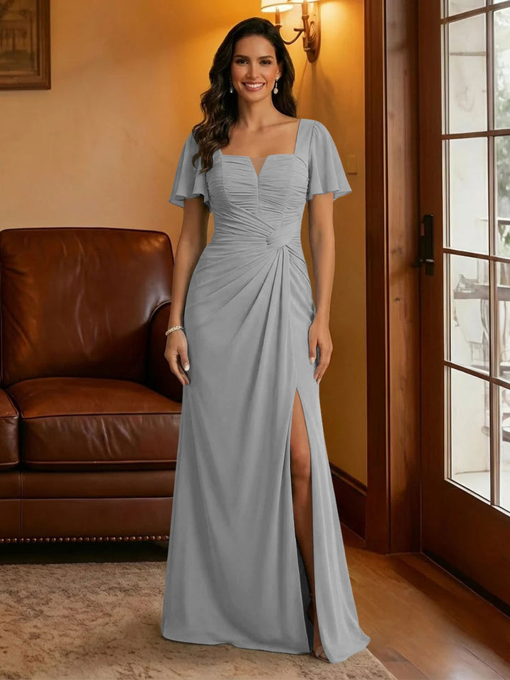 Chiffon Square Neck Pleated Mother of the Bride Dresses with Slit