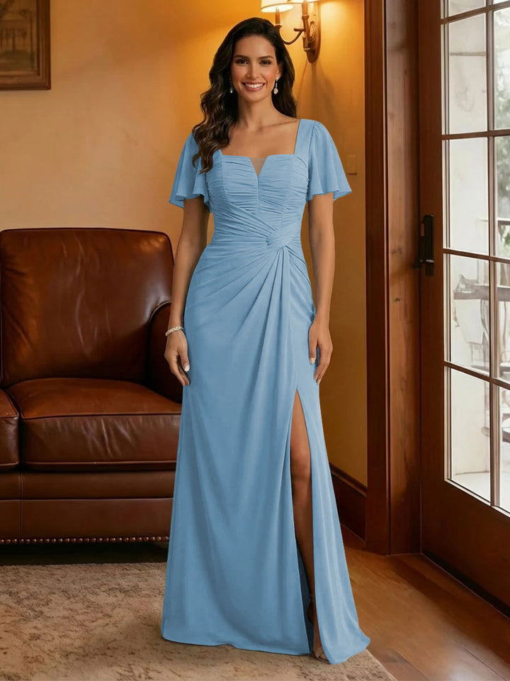 Chiffon Square Neck Pleated Mother of the Bride Dresses with Slit