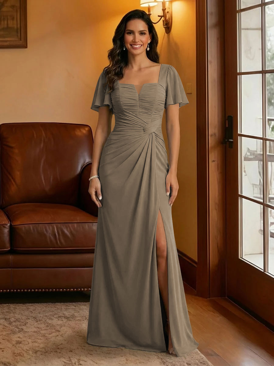 Chiffon Square Neck Pleated Mother of the Bride Dresses with Slit