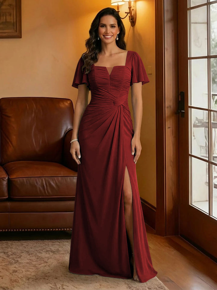 Chiffon Square Neck Pleated Mother of the Bride Dresses with Slit