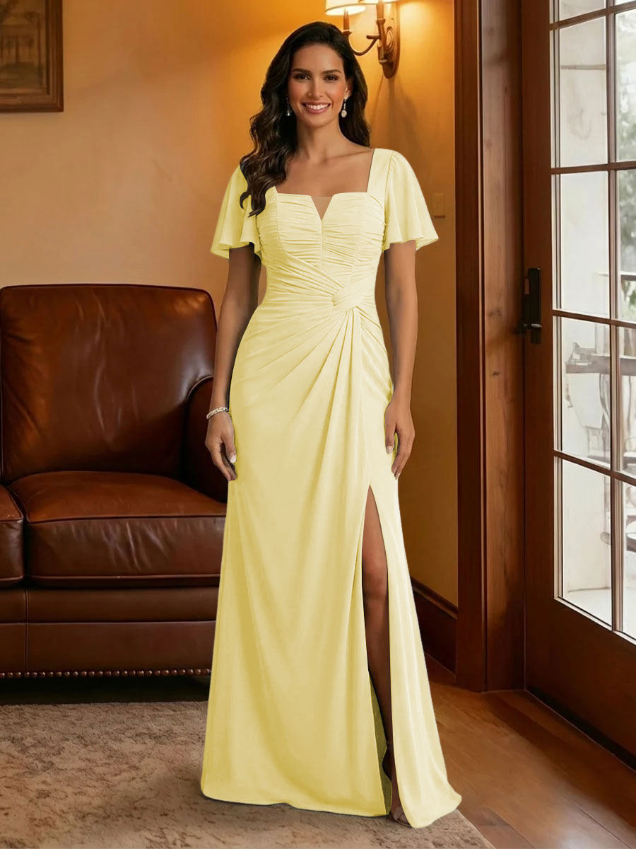 Chiffon Square Neck Pleated Mother of the Bride Dresses with Slit