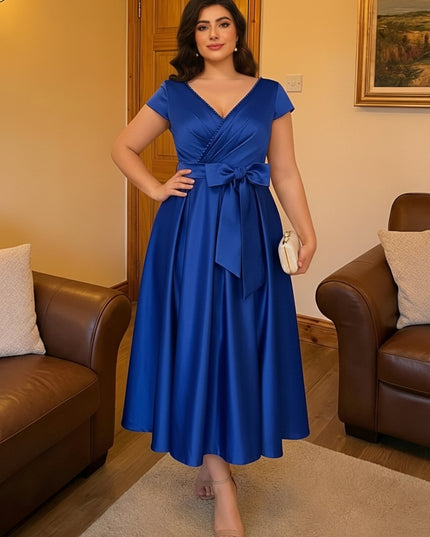 V Neck Pleated Satin Bow Mother of the Bride Dresses