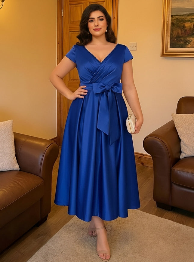 V Neck Pleated Satin Bow Mother of the Bride Dresses