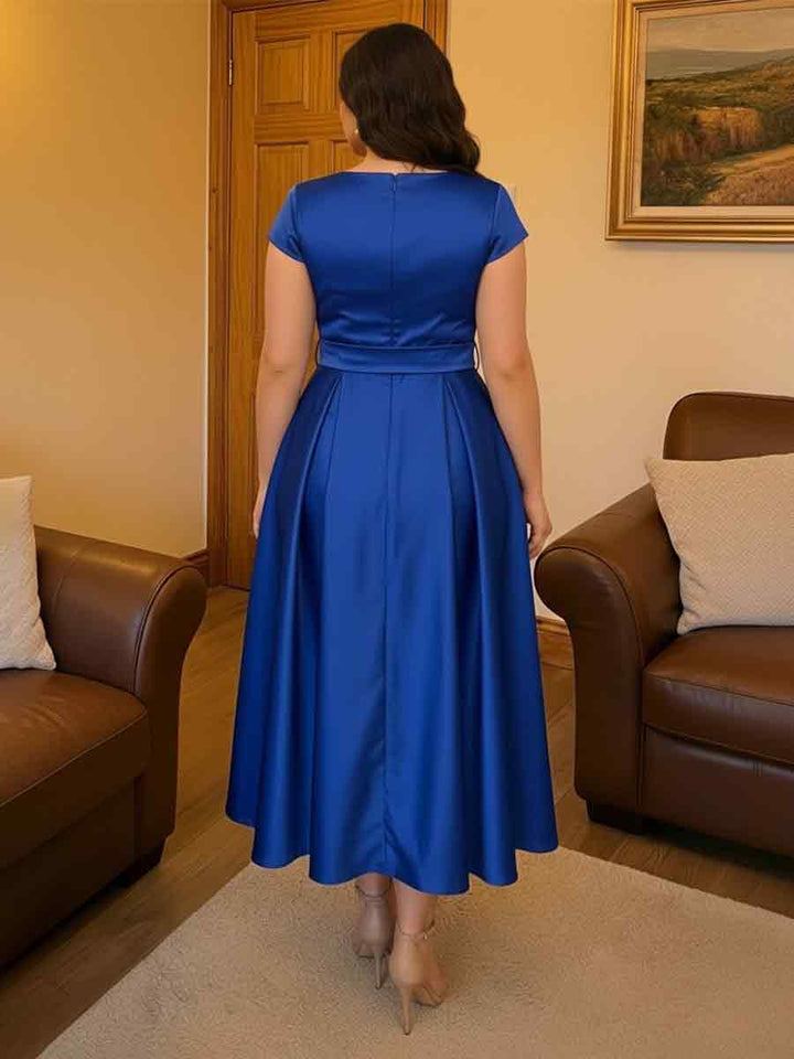 V Neck Pleated Satin Bow Mother of the Bride Dresses