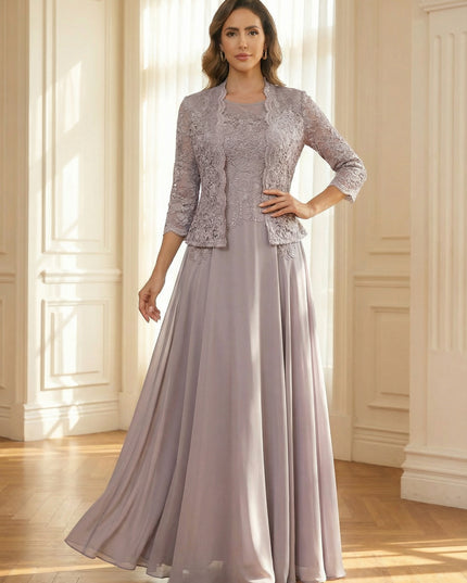 Chiffon Scoop Neck Lace Appliques Mother of the Bride Dresses with Jackets