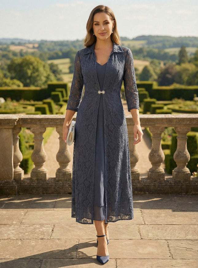 Satin V Neck Lace Appliques Mother of the Bride Dresses with Jackets