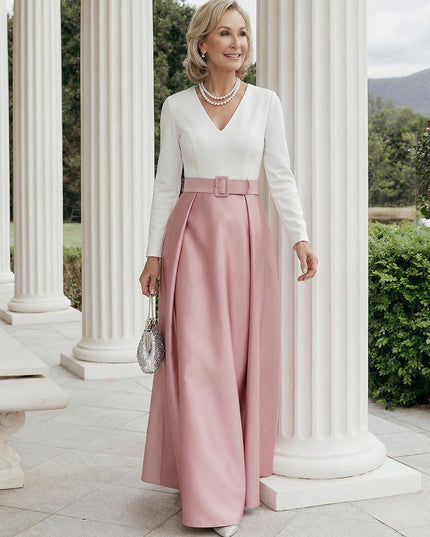 Mother of the Bride & Groom Dress Wedding Guest Gown A Line Corset Pleats V Neck Satin