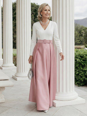 Mother of the Bride & Groom Dress Wedding Guest Gown A Line Corset Pleats V Neck Satin